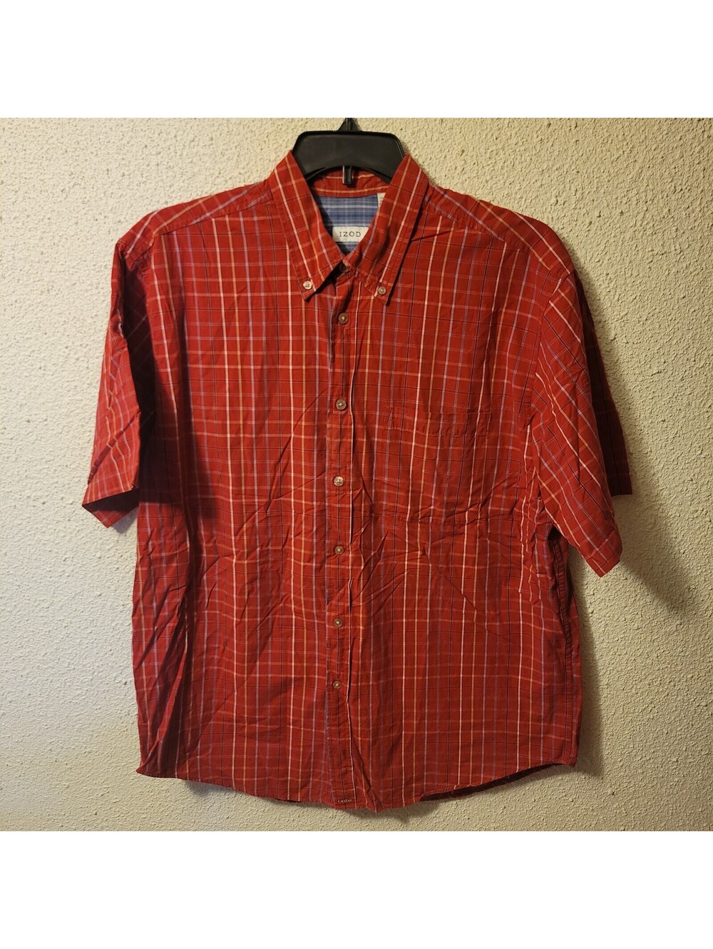 IZOD Button Up Shirt Men's Size Large L Short Sleeve Red Plaid Blue-Inside